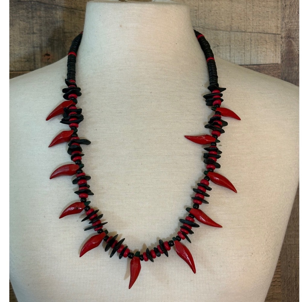 Vintage Red Chili Pepper Beaded Necklace Black Wood Heishi Statement 28 Inch